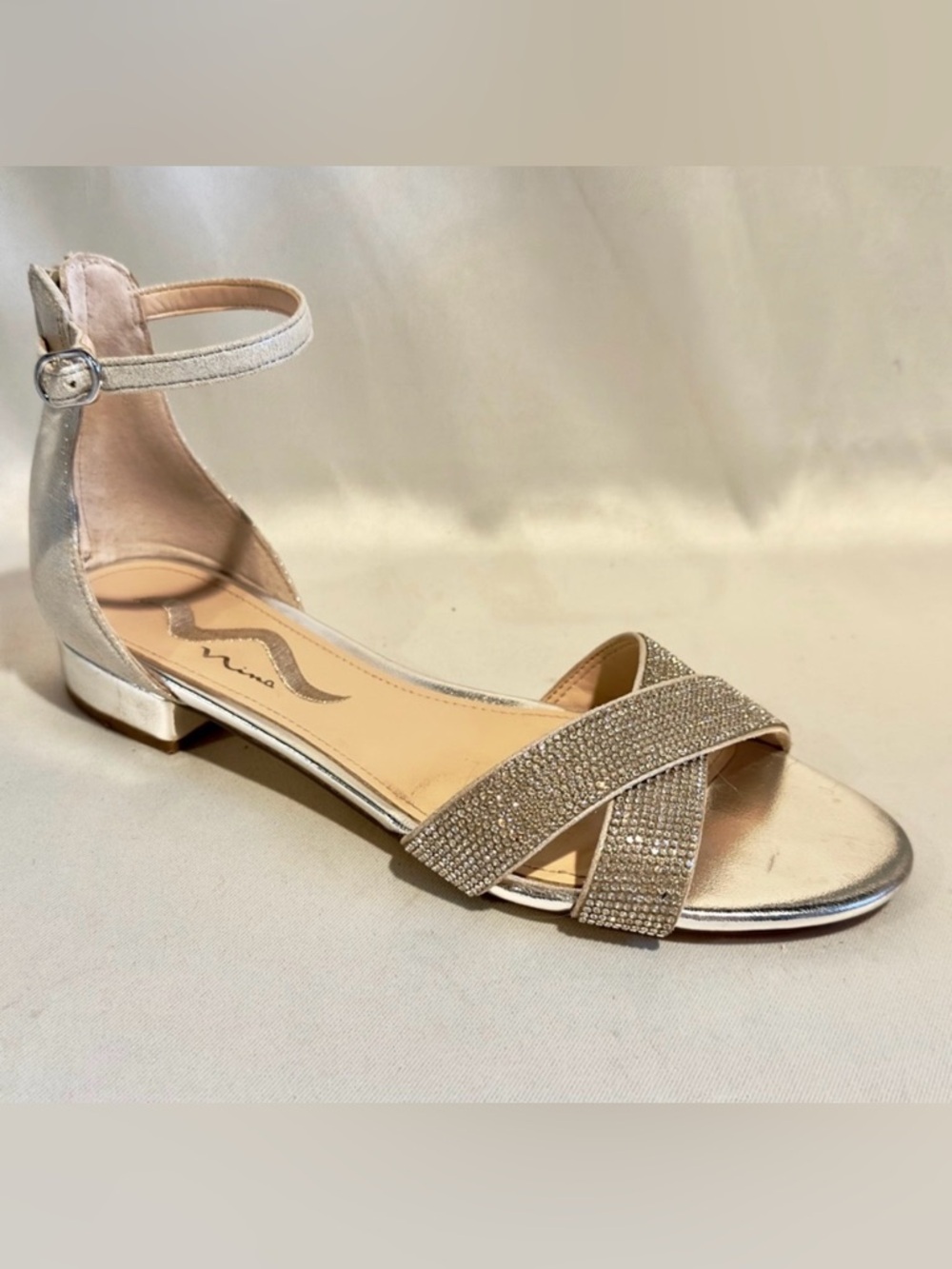 Silver Crystal Ankle Strap Flat Sandals - Leather Sole - Size 8.5